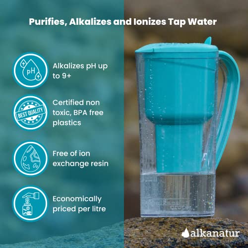 Alkanatur Alkaline Water Filter Pitcher removes Fluorides, Chlorine, Heavy Metals, impurities, etc., Alkaline, Ionized, Hydrogenated Water, high pH of 9.5, adds Magnesium - Most Certified Pitcher