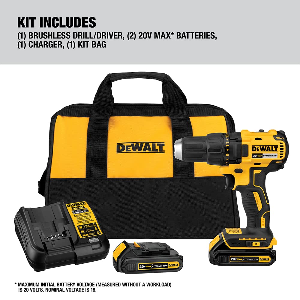 DEWALT 20V MAX* Cordless Drill / Driver Kit, Compact, Brushless (DCD777C2)