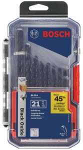 bosch bl21a 21-piece assorted set black oxide metal drill bits with included case for applications in light-gauge metal, wood, plastic