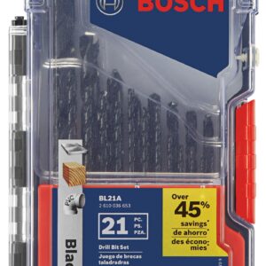 BOSCH BL21A 21-Piece Assorted Set Black Oxide Metal Drill Bits with Included Case for Applications in Light-Gauge Metal, Wood, Plastic