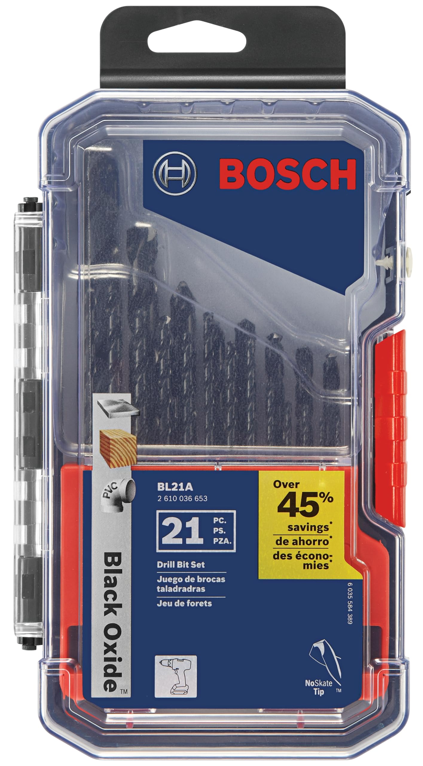 BOSCH BL21A 21-Piece Assorted Set Black Oxide Metal Drill Bits with Included Case for Applications in Light-Gauge Metal, Wood, Plastic