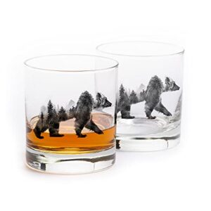black lantern whiskey glasses – handmade whiskey glass set and bar glasses – double exposure bear design (set of two 11oz. glasses)