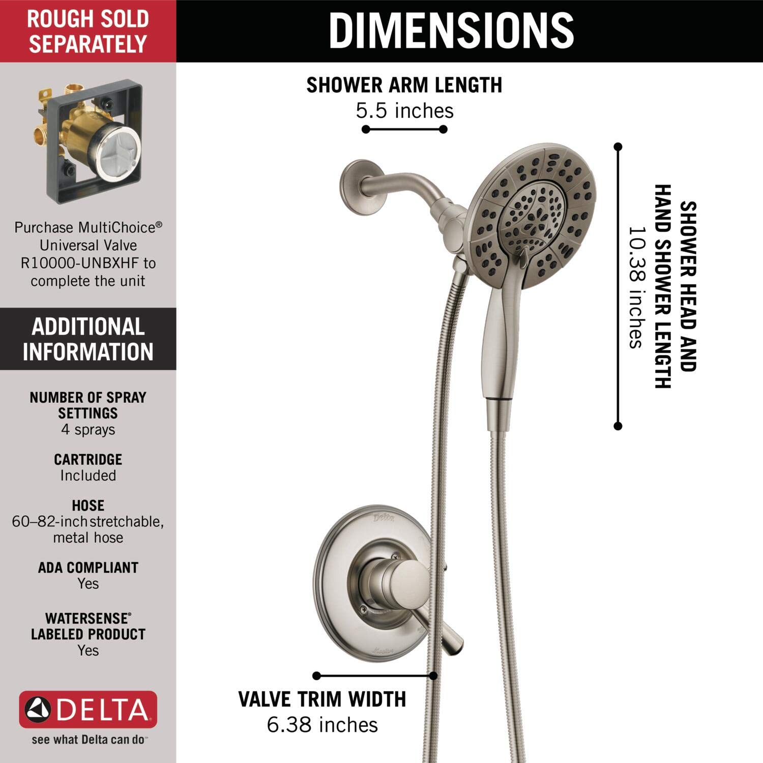 Delta Faucet Linden 17 Series Dual-Function Shower Faucet, Shower Trim Kit with 4-Spray In2ition 2-in-1 Dual Hand Held Shower Head with Hose, Chrome T17293-I (Valve Not Included)