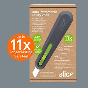 Slice 10554 Auto Retract Utility Knife, Finger Friendly, Safe Ceramic Blade Retracts Automatically, Lasts 11x Longer Than Steel, 1 Pack, Green