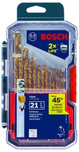 bosch ti21a 21-piece assorted set titanium nitride coated metal drill bits with included case with three-flat shank for applications in heavy-gauge carbon steels, light gauge metal, hardwood