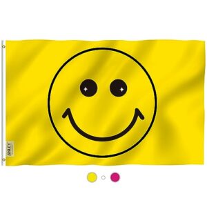 anley fly breeze 3x5 foot yellow happy face flag - vivid color and fade proof - canvas header and double stitched - happy face flags polyester with brass grommets 3 x 5 ft