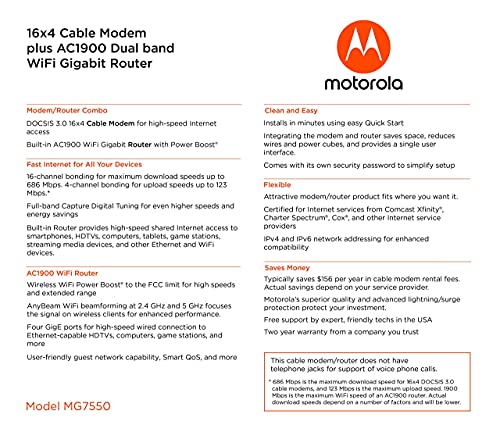 Motorola MG7550 - Modem with Built in WiFi | Approved for Comcast Xfinity, Cox, Spectrum | For Plans Up to 300 Mbps | DOCSIS 3.0 + AC1900 WiFi Router | Power Boost Enabled