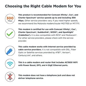 Motorola MG7550 - Modem with Built in WiFi | Approved for Comcast Xfinity, Cox, Spectrum | For Plans Up to 300 Mbps | DOCSIS 3.0 + AC1900 WiFi Router | Power Boost Enabled