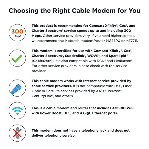 Motorola MG7550 - Modem with Built in WiFi | Approved for Comcast Xfinity, Cox, Spectrum | For Plans Up to 300 Mbps | DOCSIS 3.0 + AC1900 WiFi Router | Power Boost Enabled