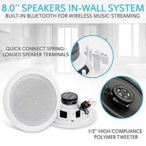 Pyle Pair 8” Bluetooth Flush Mount In-wall In-ceiling 2-Way Universal Home Speaker System Spring Loaded Quick Connections Polypropylene Cone Polymer Tweeter Stereo Sound 250 Watts , White,Single.