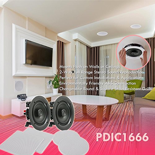 Pyle Pair 6.5” Flush Mount In-wall In-ceiling 2-Way Speaker System Spring Loaded Quick Connections Changeable Round/Square Grill Stereo Sound Polypropylene Cone Polymer Tweeter 200 Watts (PDIC1666)