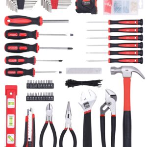 FASTPRO 215-Piece Home Repairing Tool Set with 12-Inch Wide Mouth Open Storage Bag,Household Hand Tool Kit,Red