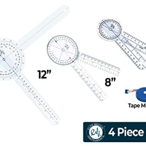 EMI Goniometer Physical Therapy 4 Piece Set EGM-429TM - 12", 8", 6", and Tape Measure