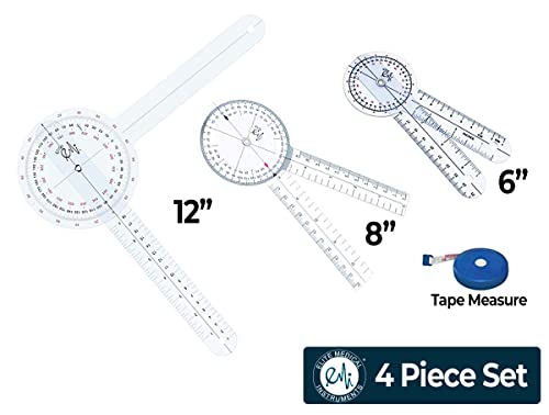 EMI Goniometer Physical Therapy 4 Piece Set EGM-429TM - 12", 8", 6", and Tape Measure