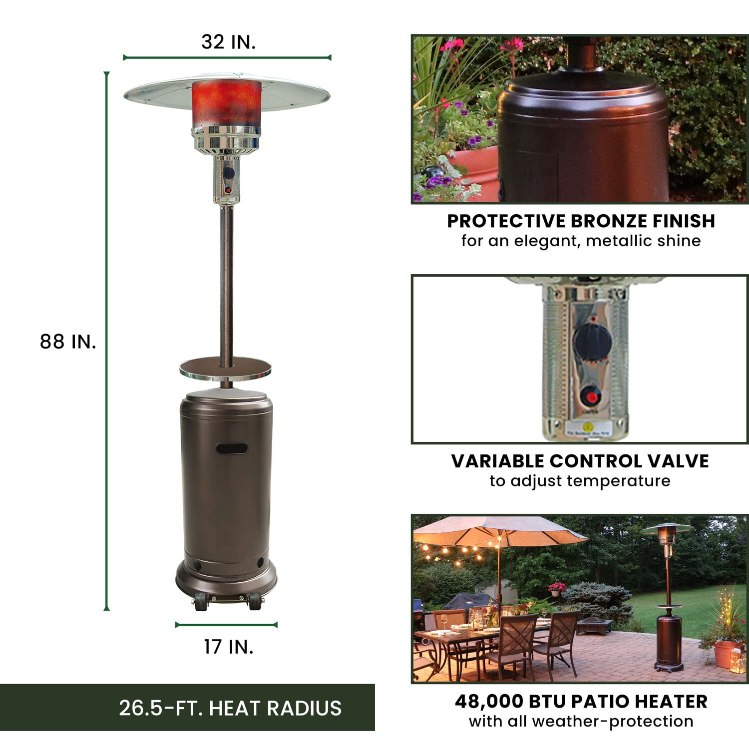 Hanover 7-Ft. 48,000 BTU Steel Propane Patio Heater in Bronze, Umbrella Style Gas Outdoor Heater for Deck or Patio