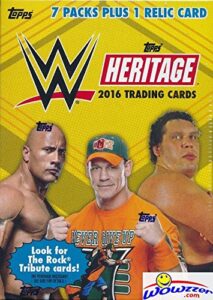 2016 topps wwe heritage wrestling exclusive factory sealed retail box with 7 packs, relic card & the rock tribute card! look for cards, autographs & relics of jon cena, sting, triple h & many more!