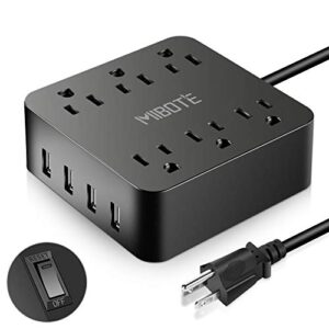power strip with usb, mibote 6 ac outlet with 4 port usb surge protector power strip charger 5ft power cord 1875w 100-240v for travel, tv, computer, transformers, power bank