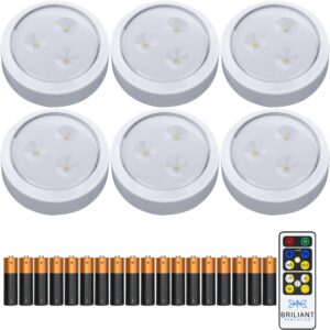 brilliant evolution tap light push lights 6pk w/batteries + remote, led stick on lights under cabinets battery puck lights with remote - under counter lighting wireless closet kitchen night lights