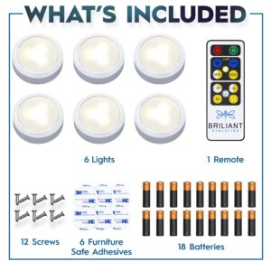 Brilliant Evolution Tap Light Push Lights 6pk w/Batteries + Remote, LED Stick On Lights Under Cabinets Battery Puck Lights with Remote - Under Counter Lighting Wireless Closet Kitchen Night Lights