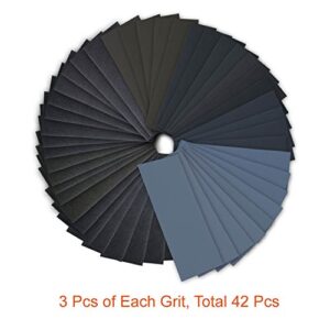 42 Pcs Wet Dry Sandpaper 120 to 3000 Grit Assortment 9 * 3.6 Inches Abrasive Paper Sheets for Automotive Sanding Wood Furniture Finishing