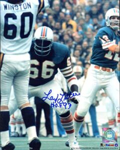 larry little (hof) autographed/ original signed 8x10 photo w/ the miami dolphins w/ "hof 93" inscription