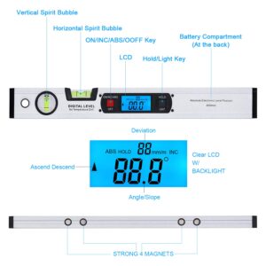 RISEPRO 16-inch Digital Spirit Level and Protractor, Torpedo Level, Inclinometer Angle Gauge Finder Bubbles Magnetic Base with Backlight