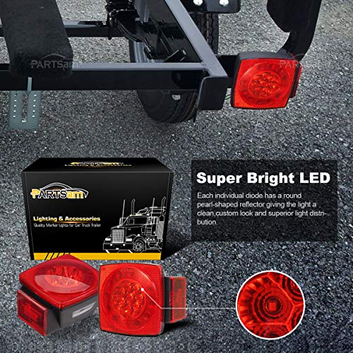 Partsam 12V LED Trailer Light Kit, Halo Glow Submersible Square Tail Lights Kit Left Right Turn Stop Signal for Under 80 Inch Boat Trailer RV Camper Marine Snowmobile (Led Boat Trailer Light kit)