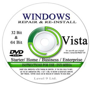 windows vista - 32 bit & 64 bit dvd sp1, supports all versions. starter, home basic, home premium, business, and enterprise edition. recover, repair, restore or re-install windows to factory fresh!