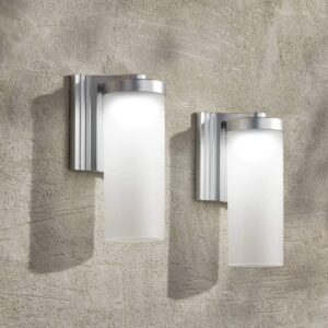 possini euro design cleo modern outdoor wall light fixtures set of 2 led silver 10 1/2" open bottom frosted glass for exterior house porch patio outside deck garage yard front door garden home