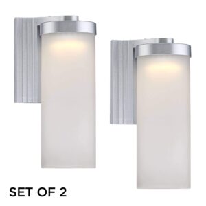 Possini Euro Design Cleo Modern Outdoor Wall Light Fixtures Set of 2 LED Silver 10 1/2" Open Bottom Frosted Glass for Exterior House Porch Patio Outside Deck Garage Yard Front Door Garden Home