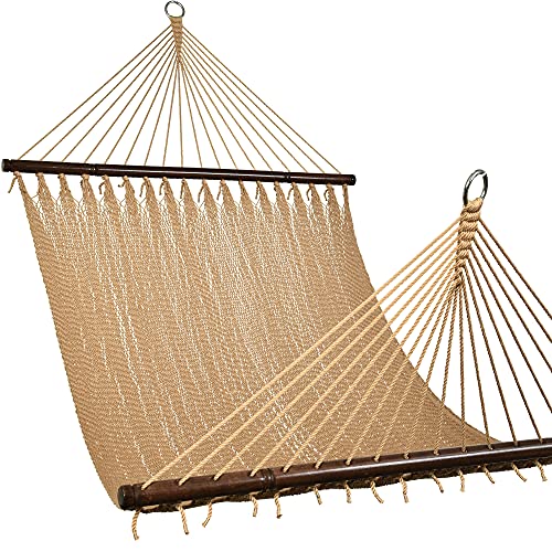 Lazy Daze 10 FT Double 2 Person Caribbean Rope Hammock, Hand Woven Polyester Hammock with Spreader Bars, Extra Large Outside Outdoor Backyard Patio Poolside Hammock, 450 LBS Capacity, Tan
