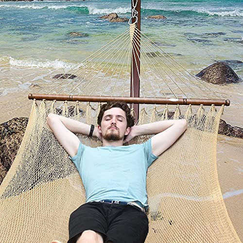 Lazy Daze 10 FT Double 2 Person Caribbean Rope Hammock, Hand Woven Polyester Hammock with Spreader Bars, Extra Large Outside Outdoor Backyard Patio Poolside Hammock, 450 LBS Capacity, Tan