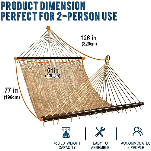 Lazy Daze 10 FT Double 2 Person Caribbean Rope Hammock, Hand Woven Polyester Hammock with Spreader Bars, Extra Large Outside Outdoor Backyard Patio Poolside Hammock, 450 LBS Capacity, Tan