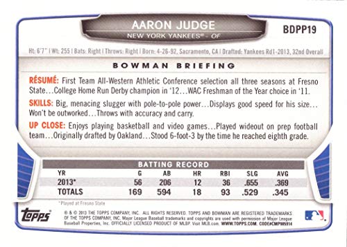 2013 Bowman Draft Picks Baseball #BDPP19 Aaron Judge Pre-Rookie Card - 1st Bowman Card