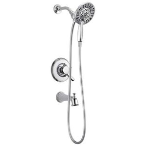 delta faucet linden 17 series dual-function tub and shower trim kit, shower faucet with 4-spray in2ition 2-in-1 dual hand held shower head with hose, chrome t17493-i (valve not included)
