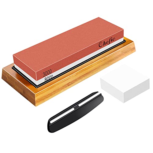 Sharpening Stone Whetstone Knife Sharpener Stone, Chefic 3000/8000 Grit Knife Sharpening Kit Wet Stone with Flattening Stone, Angle Guide, Non Slip Bamboo Base for kitchen, pocket knife sharpener