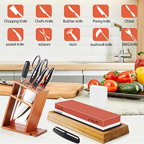 Sharpening Stone Whetstone Knife Sharpener Stone, Chefic 3000/8000 Grit Knife Sharpening Kit Wet Stone with Flattening Stone, Angle Guide, Non Slip Bamboo Base for kitchen, pocket knife sharpener