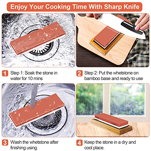 Sharpening Stone Whetstone Knife Sharpener Stone, Chefic 3000/8000 Grit Knife Sharpening Kit Wet Stone with Flattening Stone, Angle Guide, Non Slip Bamboo Base for kitchen, pocket knife sharpener