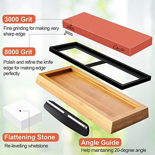 Sharpening Stone Whetstone Knife Sharpener Stone, Chefic 3000/8000 Grit Knife Sharpening Kit Wet Stone with Flattening Stone, Angle Guide, Non Slip Bamboo Base for kitchen, pocket knife sharpener