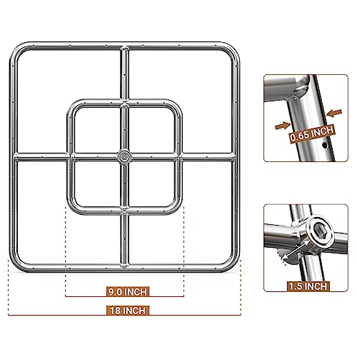 onlyfire 18 Inch Square Fire Pit Burner Ring for Natural Gas & Propane Fire Pit and Fireplace, 304 Stainless Steel DIY Firepit Burner for Both Indoor and Outdoor, BTU 147,000 Max