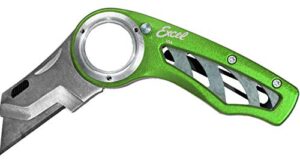 excel blades revo folding pocket utility knife - aluminum body heavy duty box cutter with holster, anti-slip finger loop design grip, quick change blades and 3 lock positions design, green