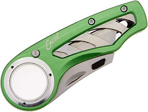 Excel Blades Revo Folding Pocket Utility Knife - Aluminum Body Heavy Duty Box Cutter with Holster, Anti-Slip Finger Loop Design Grip, Quick Change Blades and 3 Lock Positions Design, Green