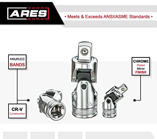 ARES 70197-3-Piece Universal Joint Socket Set - Includes 1/4-Inch, 3/8-Inch, and 1/2-Inch Drive U-Joints - Storage Rail Included