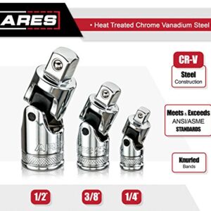 ARES 70197-3-Piece Universal Joint Socket Set - Includes 1/4-Inch, 3/8-Inch, and 1/2-Inch Drive U-Joints - Storage Rail Included