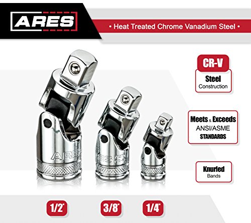 ARES 70197-3-Piece Universal Joint Socket Set - Includes 1/4-Inch, 3/8-Inch, and 1/2-Inch Drive U-Joints - Storage Rail Included