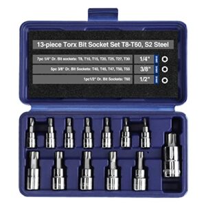 workpro 13-piece torx bit socket set t8-t60, 1/4", 3/8" and 1/2" drive, s2 steel 6 point star bits and cr-v sockets with storage case for hand use work on cars, trucks