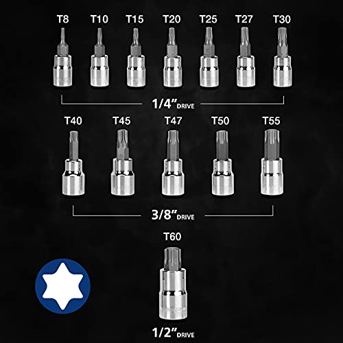 WORKPRO 13-Piece Torx Bit Socket Set T8-T60, 1/4", 3/8" and 1/2" Drive, S2 Steel 6 Point Star Bits and CR-V Sockets with Storage Case For Hand Use Work On Cars, Trucks