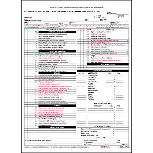 J. J. Keller & Associates, Inc. BIT Program Tractor/Trailer/Truck Inspection & Maintenance Record Form 25-pk. - Snap-Out, 3-Ply, Carbon, 8.5inches x 11.75inches - Comply with California Biennial Inspection of Terminals Program - J. J. Keller