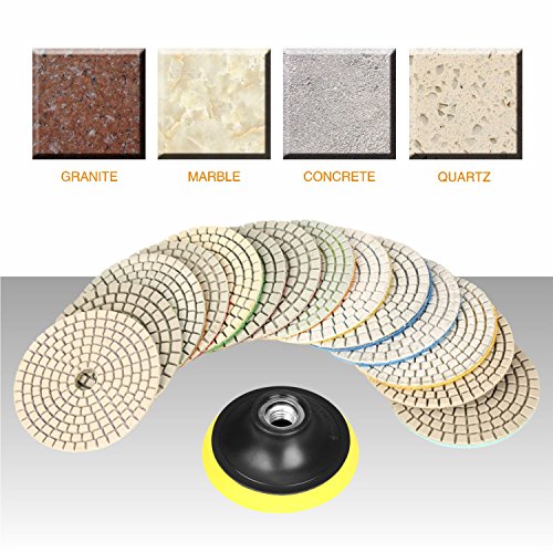 SPTA 15pcs Diamond Wet Polishing Pads Set, 4 inch Pads for Granite Stone Concrete Marble Floor Grinder or Polisher, 50#-6000# with Hook & Loop Backing Holder Pads for Wet Polisher