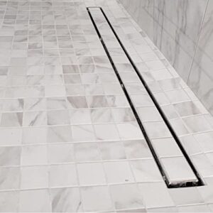 novalinea - 54 inch linear shower drain with tile insert grate, includes hair strainer and leveling feet, 2 inch center outlet, 304 stainless steel